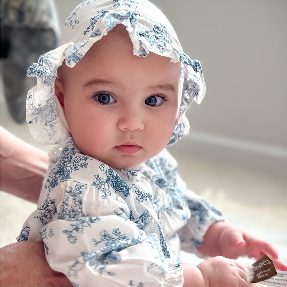 Floral Blue and White Baby Bonnet and Onesie